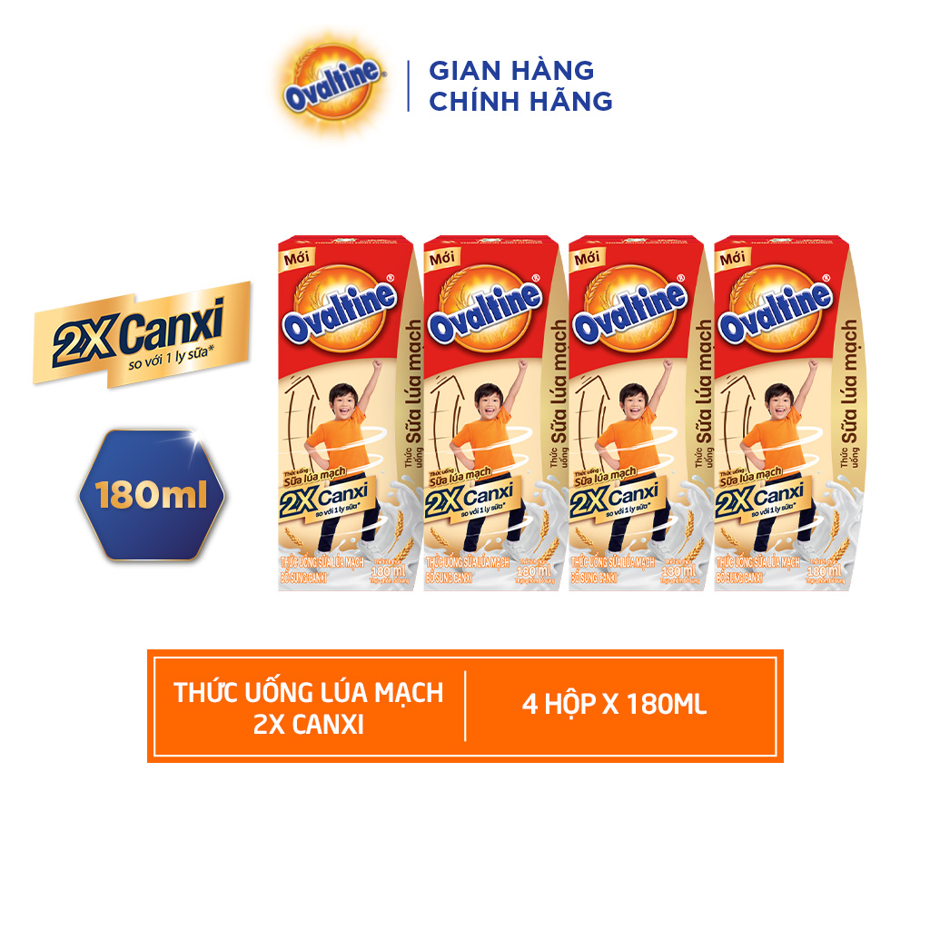 OVALTINE-SỮA LÚA MẠCH X2 CANXI 180ML - Lốc 4 hộp(Mua 3 lốc tặng 1 lốc cùng loại)