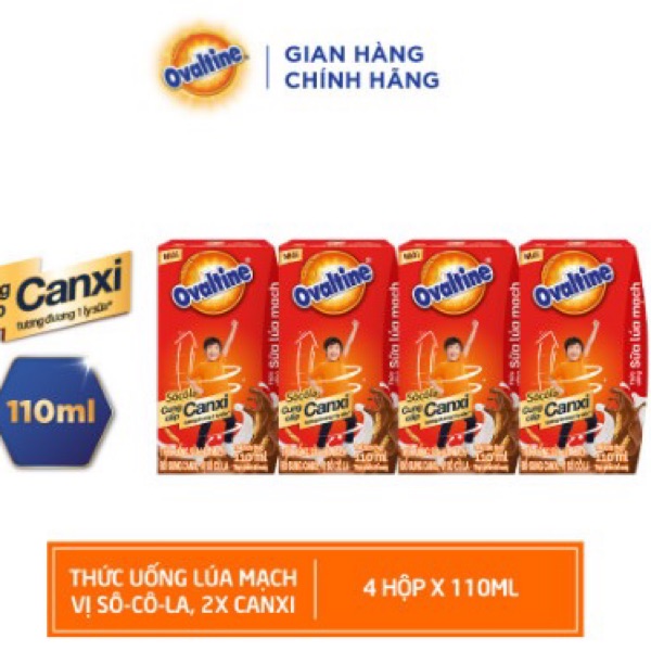 OVALTINE-SỮA LÚA MẠCH X2 CANXI SOCOLA 110ML - Lốc 4 hộp